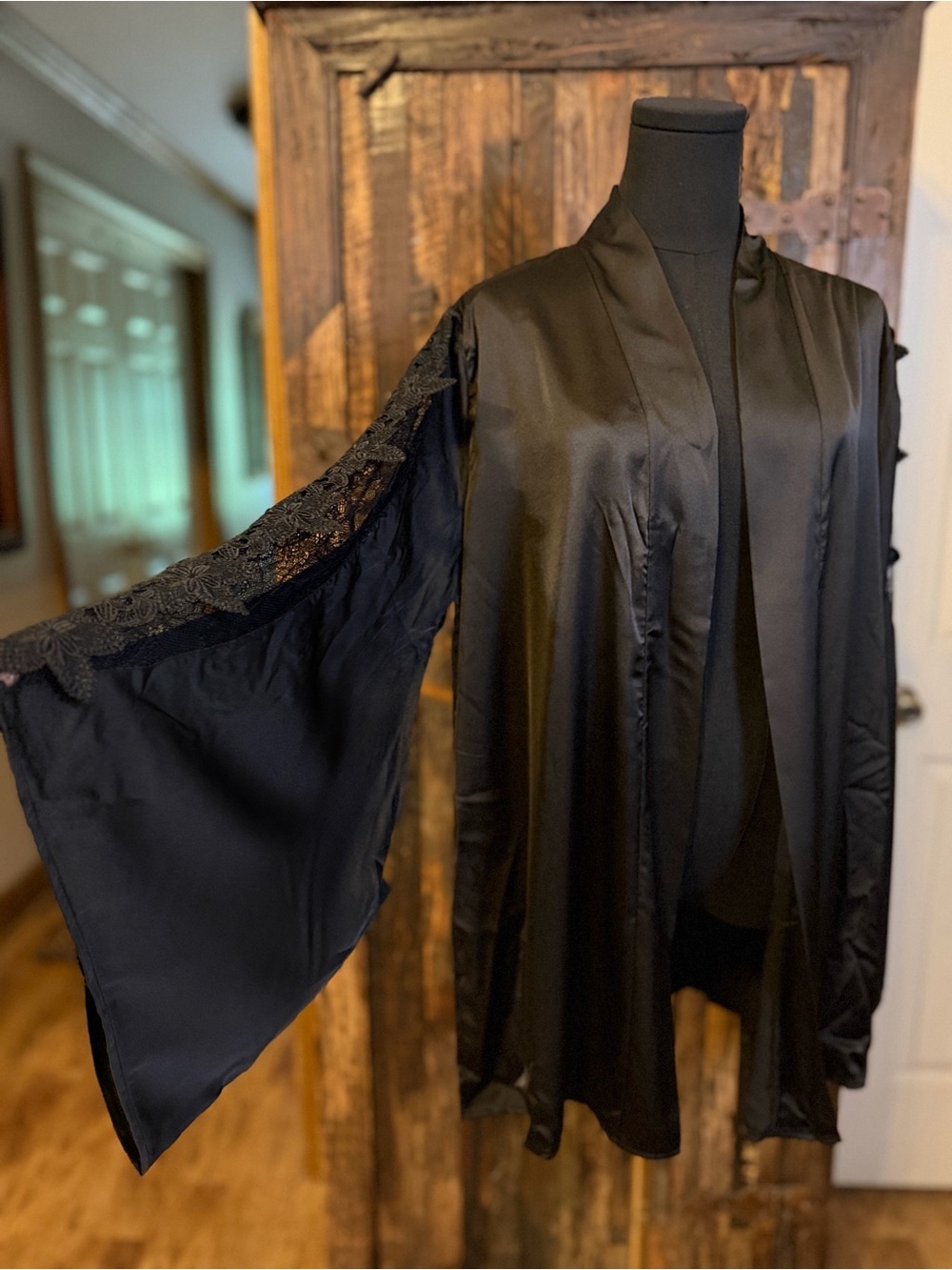 Black Satin Lace Kimono Robe L Whimsigoth Fairy Goth Bell Sleeve dark romance